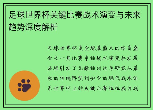 足球世界杯关键比赛战术演变与未来趋势深度解析