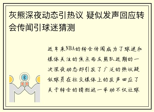 灰熊深夜动态引热议 疑似发声回应转会传闻引球迷猜测